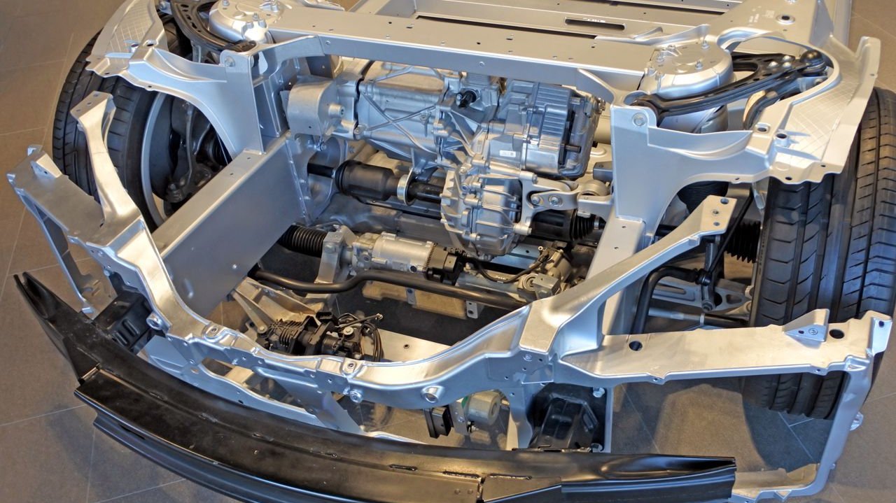 Above view of an electric car chassis and battery